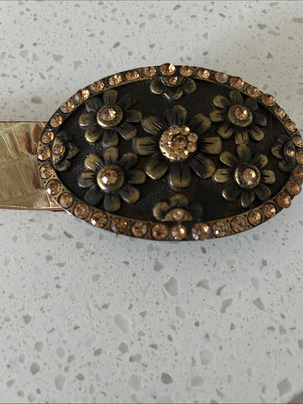 Gold Floral Crystal Oval Buckle Croc-Embossed Women's Belt - Picture 2 of 14